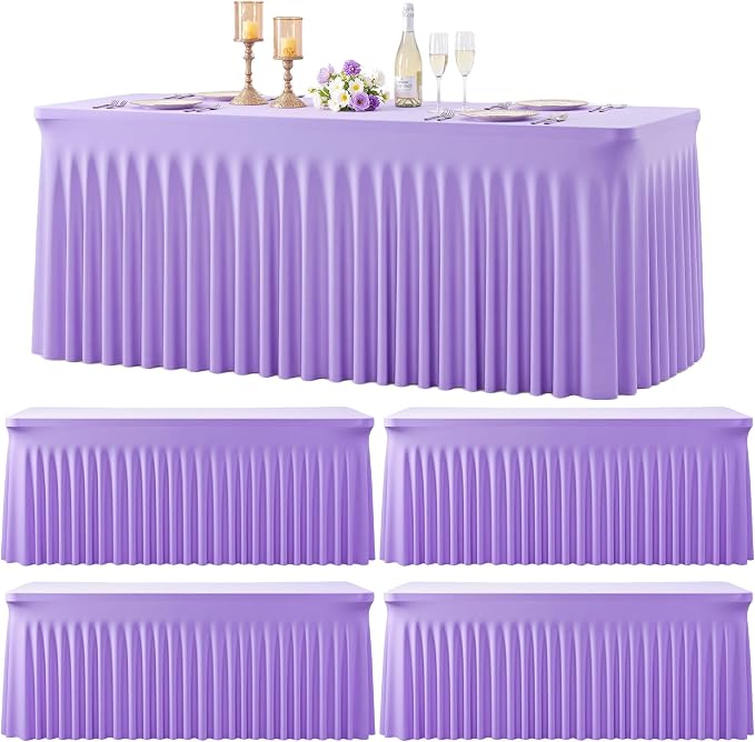 Suppromo 4 Pack 6ft Lavender Spandex Table Cloths for Rectangle Tables Wrinkle Free Light Purple Rectangle Tablecloths Stretch Fitted Table Cover for Birthday Party Wedding Banquet Baby Shower Buffet