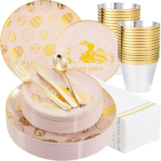 GATHER 175Pcs Easter Plastic Plates - Pink Plastic Dinnerware Set with Gold Bunny Includes 25 Dinner Plate and 25 Dessert Plate, 75 Silverware, 25 Cups, 25 Napkins for Easter Party