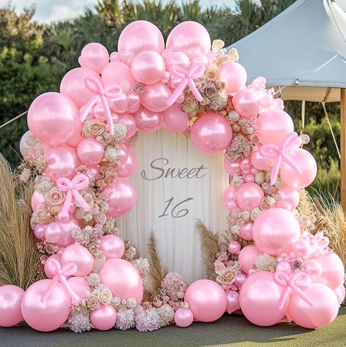 Pearl Pink Balloon Arch Double Stuffed Pearl Hot Baby Pink Balloon Garland Kit with Long Balloons Different Size for Birthday Wedding Baby Shower Bridal Anniversary Decoration