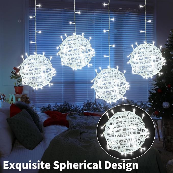 SenLuKit Outdoor Christmas Balls 4 Pack Hanging 11.8" LED Garden Sphere Tree Lights 8 Modes Waterproof String with Memory Timer Plug for Party Yard Porch Eave Patio Home Decoration-Cool White