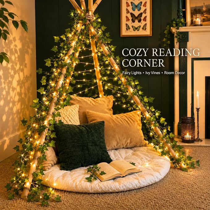 Vines with Lights for Dorm Room, 200 LED Fairy Curtain Lights with Ivy Vines,Warm White Fairy String Lights for Bedroom, 6.5 ft x 6.5 ft, USB Powered with Remote Control and 8 Modes for Bedroom Decor