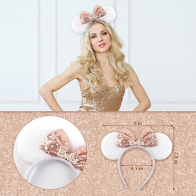 Mouse Ears Set - Bride Accessories - Bachelorette Party Favors - Match Bachelorette Outfit (Rose Gold/White, 1)