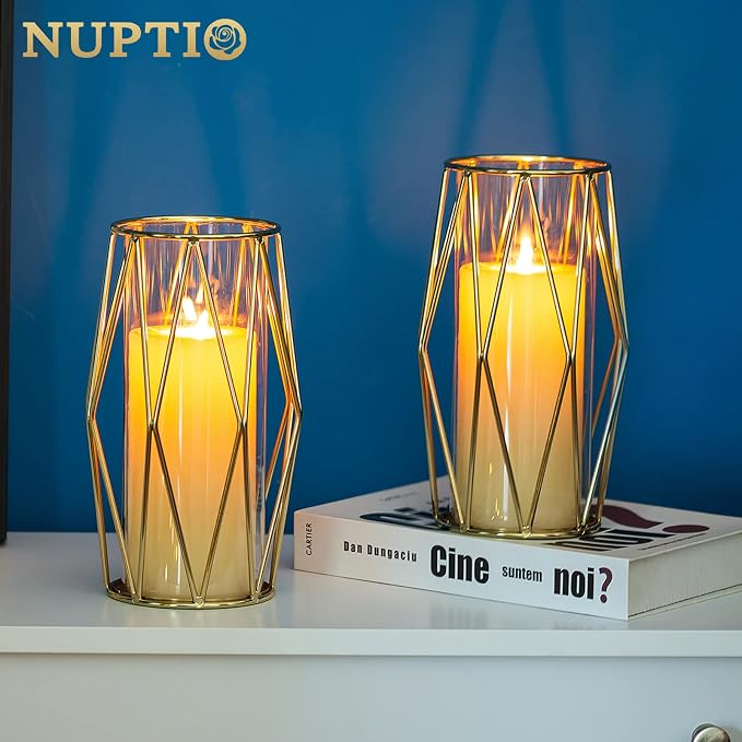 NUPTIO Gold Geometric Hurricane Candle Holders Bulk, Set of 8 | 8 Matching Diamond Frames, Clear Glass Cylinder Vases, for Flowers, Pillar Candles, Wedding Table Centerpieces