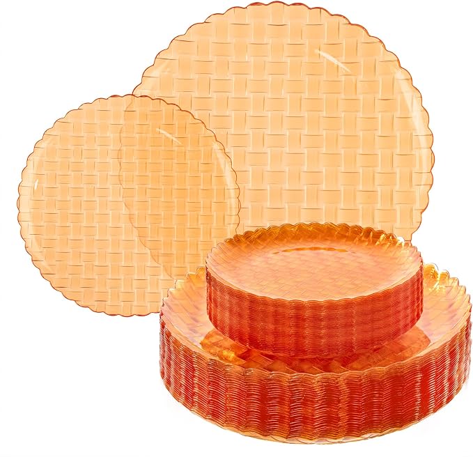 Festiva 60PCS Clear Orange Plastic Plates - Heavy Duty Weave Pattern Fancy Disposable Plates -serve for 30 guests Include 30PCS 10" & 30PCS 7" Plates for Birthday & Easter Party(Orange)