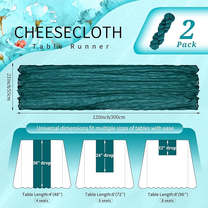 2 Pack Cheesecloth Table Runner 10FT Teal Table Runner Boho Gauze Cheese Cloth Table Runners Long Rustic Sheer Table Decorations for Wedding Party Baby Bridal Shower Birthday Holiday Home
