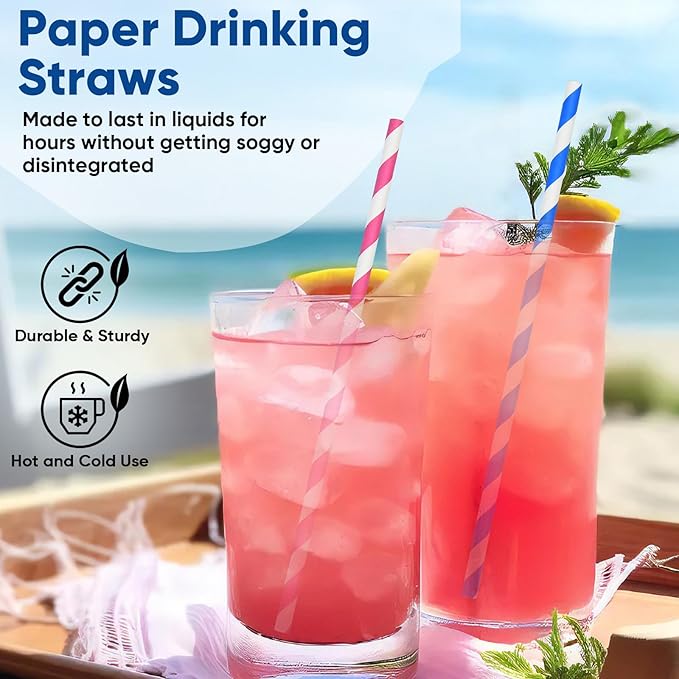 [100 Counts] 7.75 Inch Colorful Striped Disposable Paper Drinking Straws, 10 Assorted Colors, Compostable - for Cocktail, Party, Cake Pops, Crafts