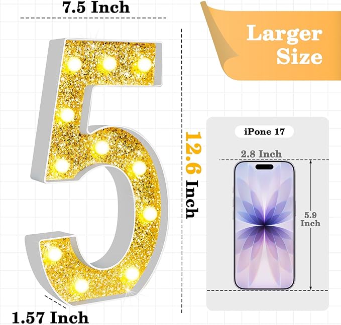 12.6 Inch LED Gold Marquee Light Up Numbers, 5th Birthday Decorations Number Lights as Gifts for Girls Boys, Glitter Lighted Marquee Numbers for Golden Anniversary Party Table Decor, 5