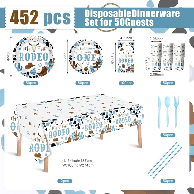 Potchen 452 Pcs Party Supplies Serve 50 Guests, Paper Plates Napkins Cups Cutlery Plastic Tablecloth Dinnerware for Birthday Wedding Party Decoration(Light Blue and Brown, First Rodeo)