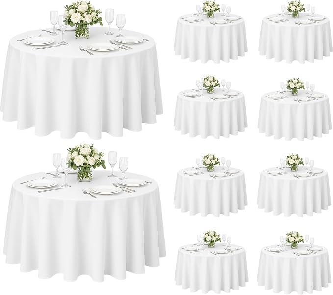 10 Pack 70 Inch White Round Tablecloth, Polyester Fabric Washable Table Cloth for Home, Party, Wedding or Restaurant Use