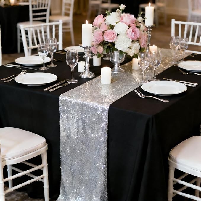 12x108 inch Silver Sequin Table Runner Sparkly Glitter Table Linens 6 Packs for Party Decorations Wedding Birthday Baby Shower Engagement Anniversary
