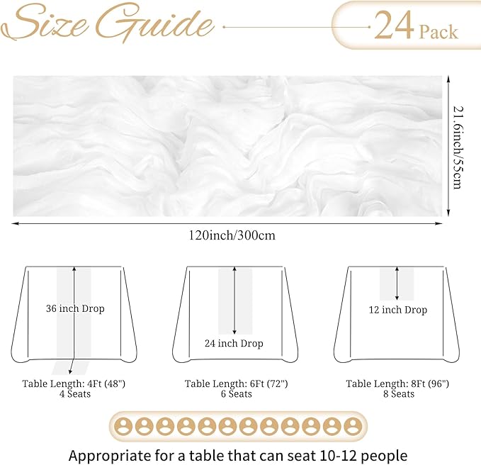 24 Pack White Cheesecloth Table Runner 10FT Boho Gauze Cheese Cloth Table Runner Rustic Sheer Fabric Table Runners for Wedding Bridal Shower Baby Shower Party(21.5×120 Inch)