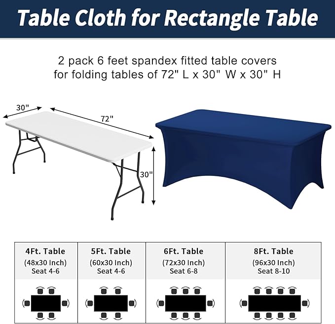 Fixwal Navy Blue Stretch Table Cloth Rectangle 2 Pack 6Ft, Spandex Fitted Table Covers Washable for Party, Trade Show, Banquet, Wedding, Buffet