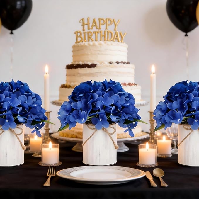 Flower Table Centerpieces - Set of 6 Floral Arrangement Artificial Wedding Hydrangeas Floral Arrangement with Rustic Metal Vase for Bridal Tea Party Event Decorations - Royal Blue