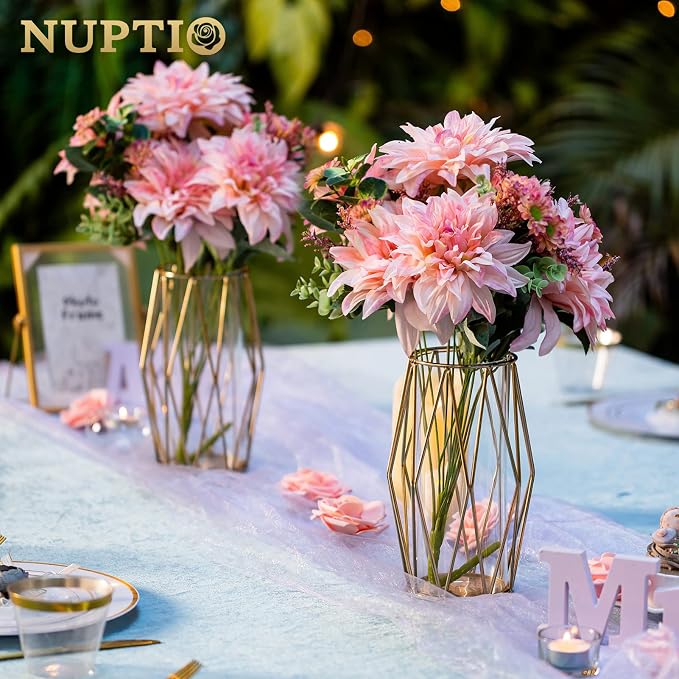 NUPTIO Gold Geometric Hurricane Candle Holders Bulk, Set of 8 | 8 Matching Diamond Frames, Clear Glass Cylinder Vases, for Flowers, Pillar Candles, Wedding Table Centerpieces