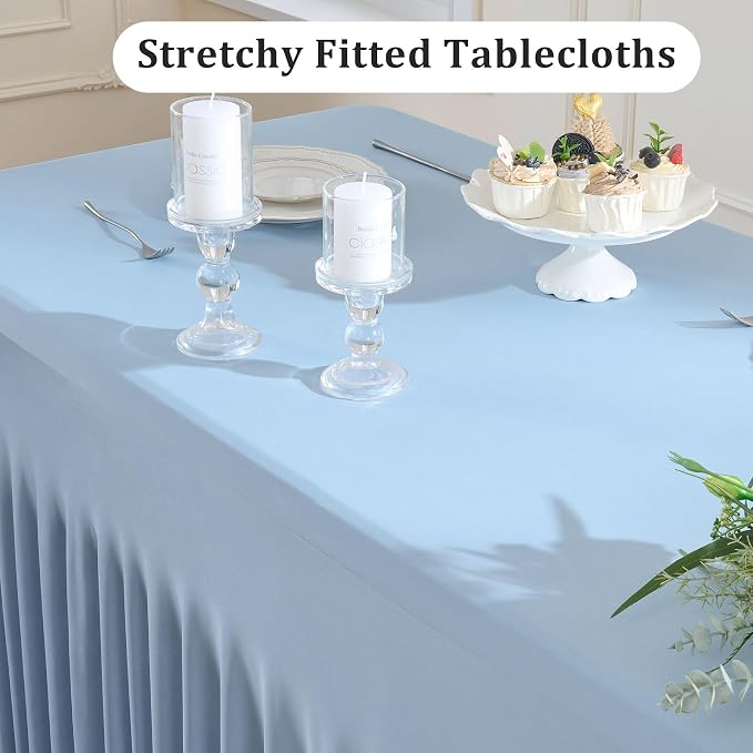2 Pack Dusty Blue Spandex Table Clothes for 6 Foot Rectangle Tables, Wrinkle Free Fitted Table Cover 6ft Stretch Tablecloths Desk Skirt for Parties Weddings Birthday Banquet Baby Shower