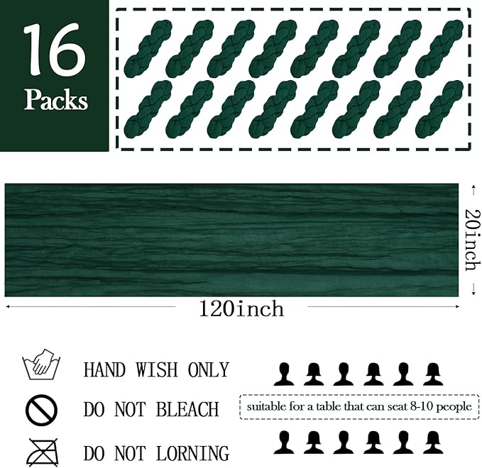16 Pack Emerald Green Cheesecloth Table Runner 20 x 120 inch Gauze Table Runners 10 FT Long,Semi Sheer Boho Cheese Cloth Fabric Table Runner Bulk for Wedding,Party,Baby Shower,Bridal Shower Decoration