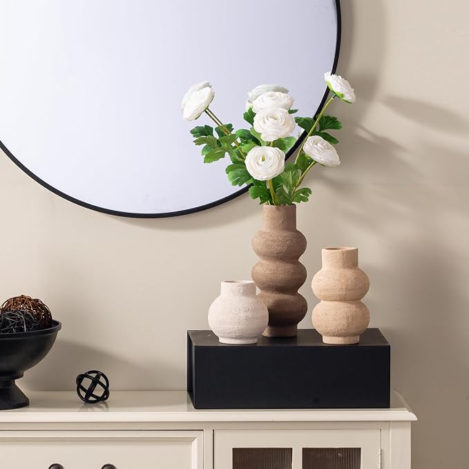 Ceramic Vase Home Table Decor - Flower Vase Set of 3 Living Room Kitchen Decorations Farmhouse Modern Rustic Vases Decorative Centerpiece for Shelf Bedroom Office Bathroom Dining Coffee Desk