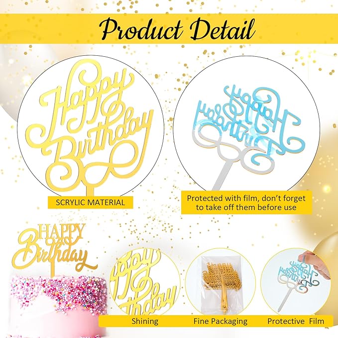 150 Pcs Happy Birthday Cake Toppers Acrylic Cake Topper Glitter Birthday Cake Decorations Double Sided for Adults Various Cake Decoration Party Supplies(Gold,Brief)