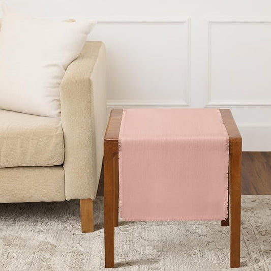 Solino Home Linen Misty Pink Table Runner 36 Inches - Fringe, 100% Pure Linen Short Table Runner 14 x 36 Inch Ideal for Dresser and Coffee Tables, Mothers Day, Spring, Summer