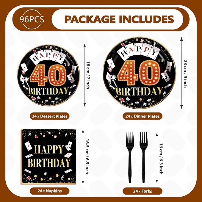 96Pcs Casino 40th Birthday Decoration Casino Themed Paper Plates and Napkins 40th Las Vegas Party Decoration for 40 Years Birthday Poker Game Night Vegas Party Supplies