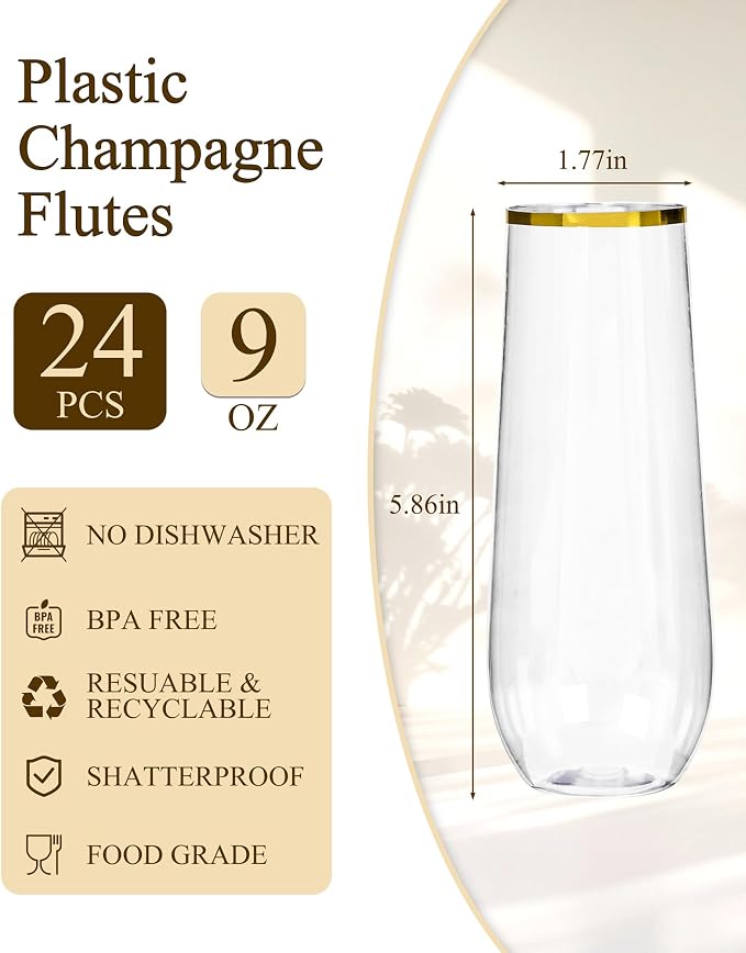 Ciaell 24 Pack Gold Plastic Champagne Flutes - 9 Oz Disposable Champagne Glasses - Stemless Mimosa Glass for Parties & Weddings & Birthdays