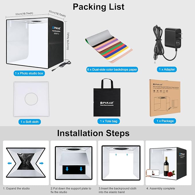 PULUZ Light Box for Product Photography, 20"x20" Portable Photo Studio Large Photo Booth Lightbox Jewelry Food Photography Picture Box with Dimmable 160 LED Lights & 12 Color Backdrops