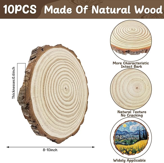 10 Pcs 8-10 Inch Unfinished Wood Slices for Centerpieces,Natural Wood Rounds for Crafts Rustic Wedding and Table Decorations,Wooden Discs with Tree Bark,Ideal for Crafts,Painting,and Holiday Decor