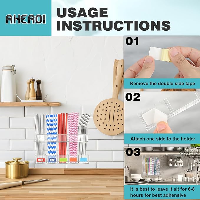 Aheroi Straw Holder, 9.5”Large Adjustable Straw Holder for Cabinet Door, Reusable Acrylic Sign holder for Small Kitchen Accessories, Storage Holder, Double-Sided Adhesive Tape&Colour Labels