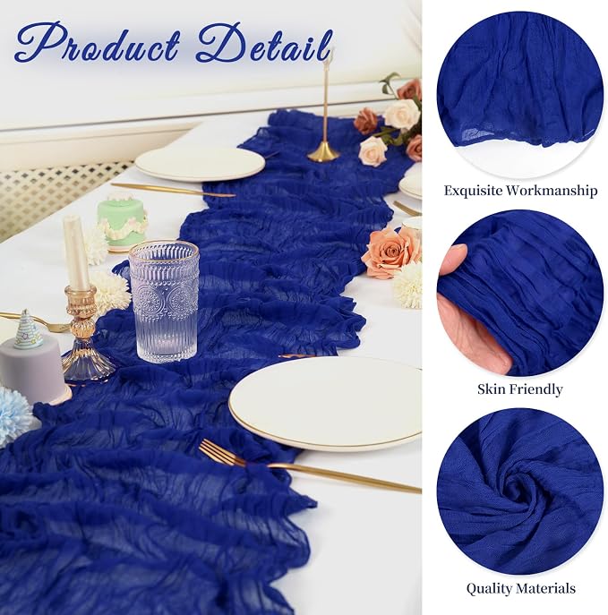 10 Pack Cheesecloth Table Runner 17 x 108 inch Long Boho Gauze Table Runners Semi Sheer Table Runner for Wedding Decor, Baby Shower, Birthday Party, Banquet (Royal Blue)