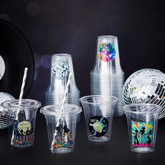 Qinyoung 60 Sets 14oz Disco Ball Plastic Cups with Lids and Straws, Bulk Party Supplies for 70s Theme, Bachelorette, Wedding, Bridal Shower, Birthday, Iced Coffee and Cocktail Glasses