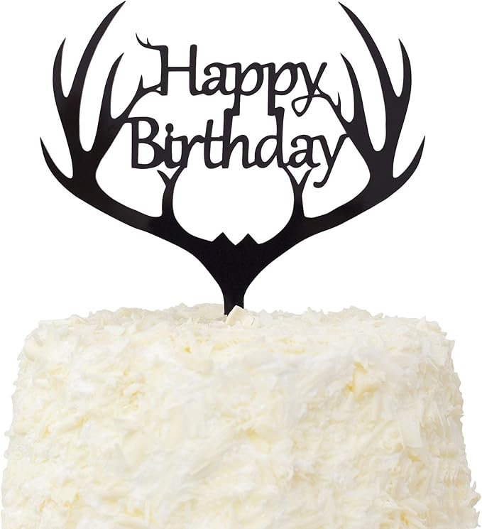 LOVENJOY Gift Boxed Antler Happy Birthday Cake Topper Black Frosted Acrylic, Hunting Birthday Cake Topper for Men Dad Hunter
