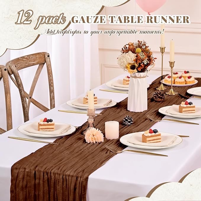 Pesonlook 12 Pack Cheesecloth Table Runner,Brown Table Runner Long Romantic Semi Sheer Rustic Boho Gauze Table Runners for Wedding Bridal Shower Birthday Party Decorations(17.7×108 Inch)