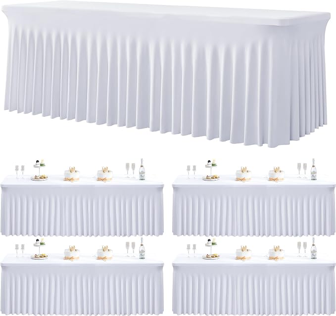 4 Pack Spandex White Tablecloths for 8 Foot Rectangle Tables, Wrinkle Free Fitted Table Cloth 8ft Stretchy Tablecover Desk Skirt for Parties Weddings Birthday Banquet Baby Shower