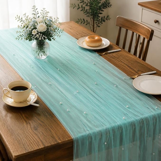 Pearl Turquoise Gauze Pearl Table Runner 120 Inch 10FT, Seasonal Sheer Dining Holiday Wedding Birthday Baby Shower Tulle Summer Table Decor for Home Party