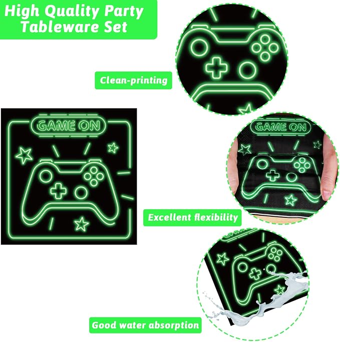 96pcs Video Game Party Supplies Tableware Set Neon Game On Paper Plates and Napkins Green Gaming Birthday Party Decorations Favors for Boys Kids Gamer Baby Shower,Serves 24