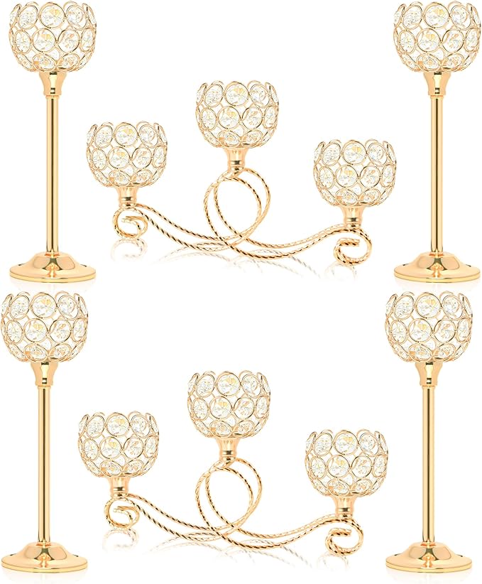 Gold Set of 6 Metal Crystal Tea Light Candle Holder, Elegant Wedding Table Centerpiece Candle Holder, Christmas Wishing Crystal Bowl Candle Holder Suitable for Wedding Party Living Room Decoration