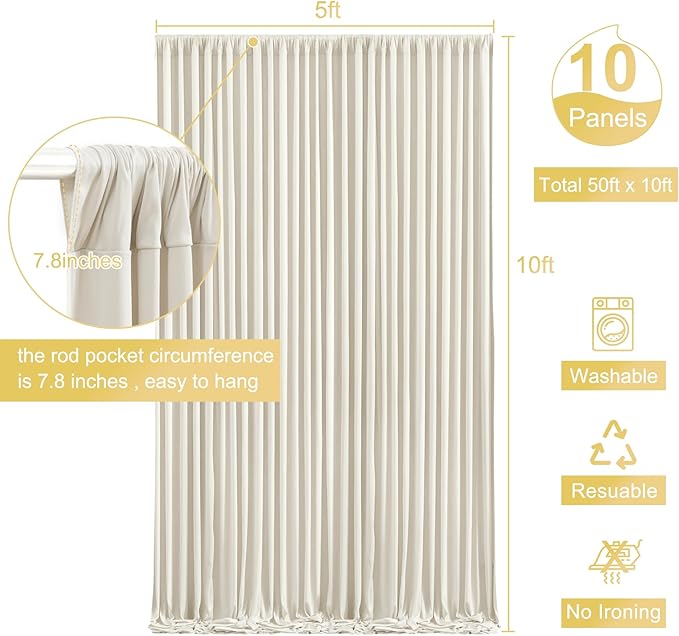 10 Panels Beige Backdrop Curtain for Baby Shower Wrinkle Free 50ft x 10ft Backdrop Drapes Panels for Parties Wedding Bridal Shower Birthday Photo Photography Fabric Background Decoration