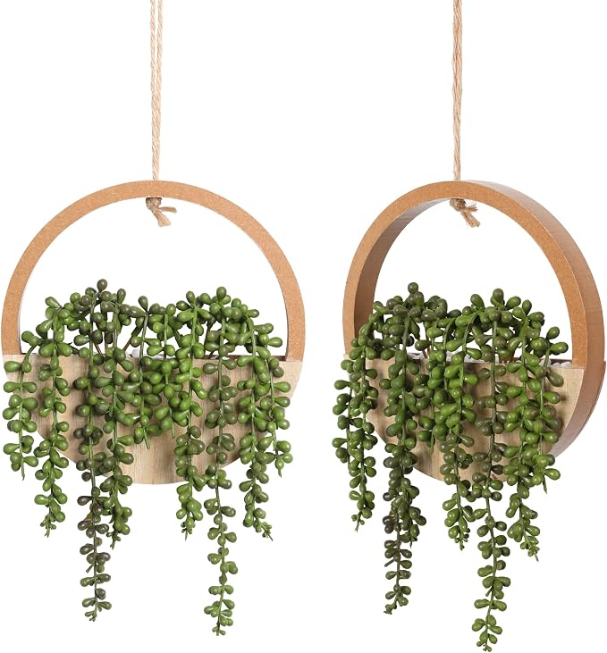 Floweroyal 2pcs Artificial Succulents Hanging Plants 20.1'' Fake String of Pearls in Pot with 9.4'' Lanyard for Indoor Outdoor Wall Decor（Wood Color）