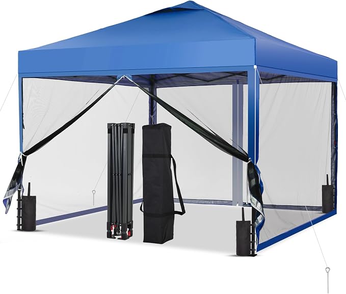 GDY 10x10 Pop up Canopy Tent with Mosquito Netting, Easy up Gazebo for Patio, Camping and Garden, Includes 4 Sandbags, Blue