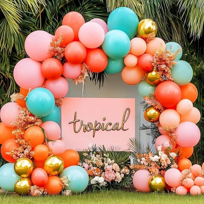 Pinbra Pastel Balloons Garland Kit Coral Pink Teal Blue Balloons Double Stuffed Light Green Orange Gold Metallic Latex Arch for Tropical Hawaii Luau Birthday Baby Shower Easter Party Decorations