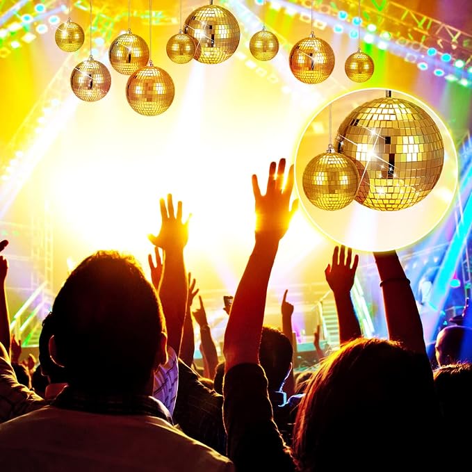 WILLBOND 12 Pack Disco Ball Party Decorations Hanging Mirror Balls Fun Retro Dj Lighting Effect Stage Props Game Accessories, 5.91", 3.94", 3.15", 2.36"(Gold)