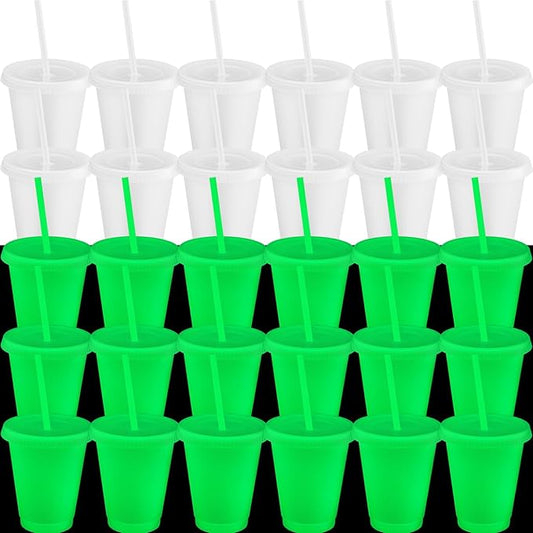 Honeydak 30 Pack 16 oz Glow in The Dark Cups Gift Bulk Light up Neon Plastic Tumbler with Straw and Lid Glow in The Dark Party Supplies Water Bottle Iced Coffee Mug Reusable (Fluorescent Green)