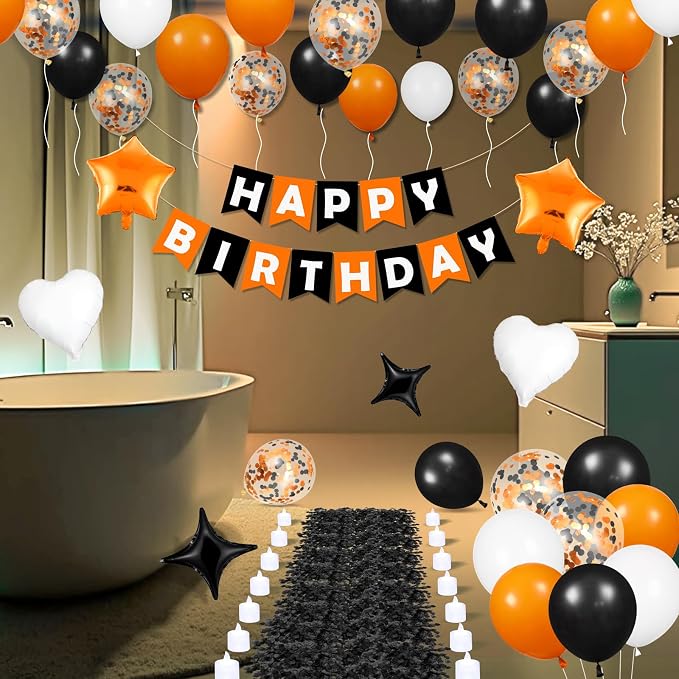 Orange Birthday Balloons Decorations Orange Black and White Halloween Birthday Balloon Letters Banner with 6Pcs Star Balloons Artificial Rose Petal 24 Flameless LED Candles for Halloween Bday Decor