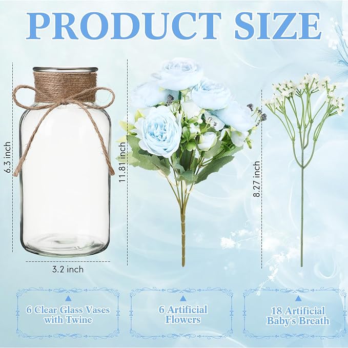 Zeyune 6 Sets Mason Jar Table Centerpiece with Artificial Peony Baby's Breath Flower Centerpieces Faux Flowers with Rope for Wedding Reception Engagement Bridal Shower Rustic Table Decor(Blue)