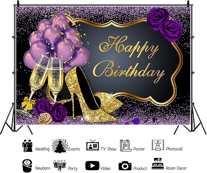 15x10ft Purple Gold Happy Birthday Backdrop Black Golden Purple Balloons Glitter Photography Background Girls Women Birthday Party Banner Decorations Supplies Photo Studio Props