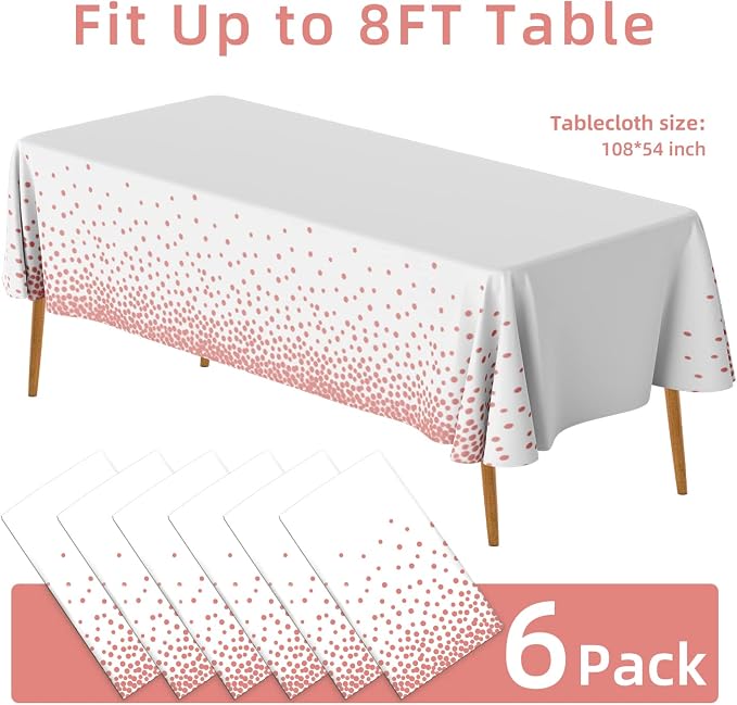 175 Pcs White and Rose Gold Party Supplies, 6 Pack White and Rose Gold Plastic Tablecloths for Rectangle Tables