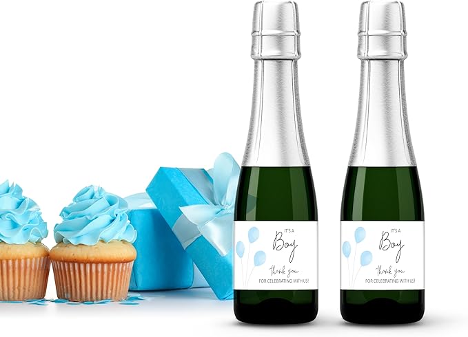 It’s a Boy Mini Champagne Bottle Labels ● SET of 12 ● She’s Ready To POP Baby Shower Favor Label, About to POP Thank You Favors, Blue Boy Baby Shower Gender Reveal Waterproof (Balloons)