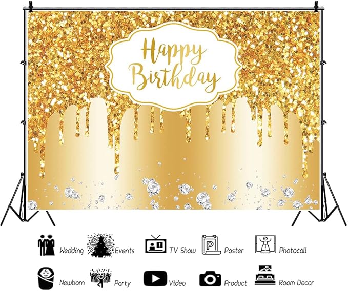 Baocicco 7x5ft Gold Happy Birthday Backdrop Modern Luxury Glitter Diamond Photography Background for Women Girls Sweet Princess Birthday Party Bridal Shower Decor Banner Supplies Photo Booth Props