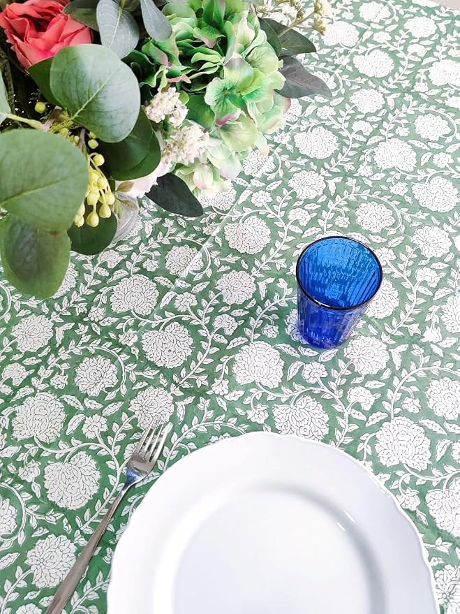 ATOSII Shalimar Green 100% Cotton Rectangle Spring Tablecloth, Handblock Floral Print Linen Table Cloth for Kitchen Dining I Parties, Outdoors, Weddings, Easter Holidays I 72 X 108 Inches I 8 Seater