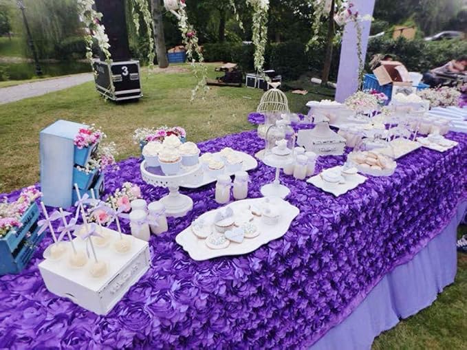 Purple Tablecloth 50x102 Inches Purple Rosette Satin Tablecloth Birthday Party Table Cover Bridal Shower Table Decorations